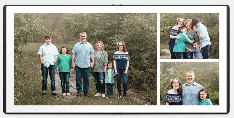 Three examples of a family photo layout in a portrait album created by Tonya Bolton Photography.