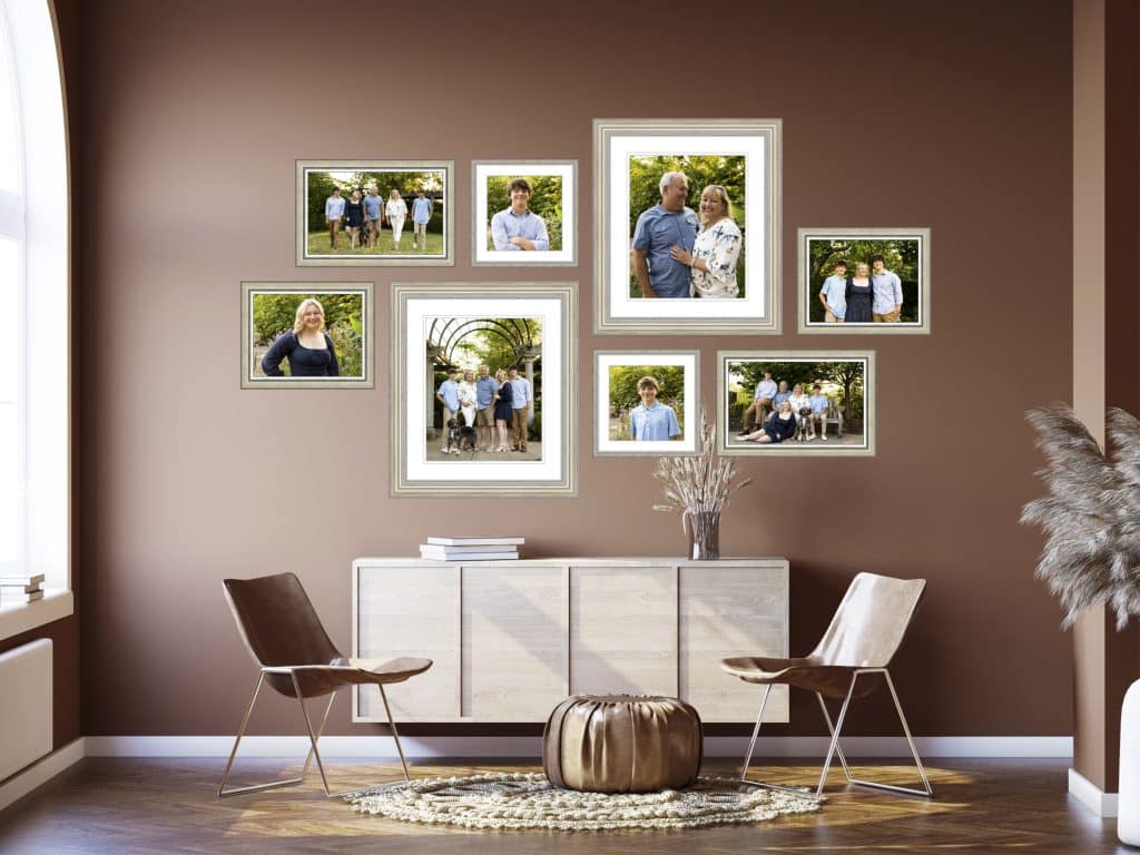 A picture of an arrangement of framed family photos on a wall in a client's home to show what Tonya Bolton Photography is capable of designing for you.