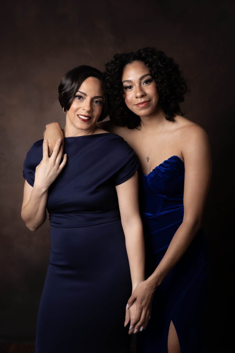 portrait of a mother and grown daughter in long, blue elegant dresses photographed by tonya bolton located in Cincinnati.